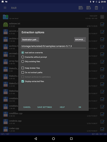 RAR on Tablet - Extraction options